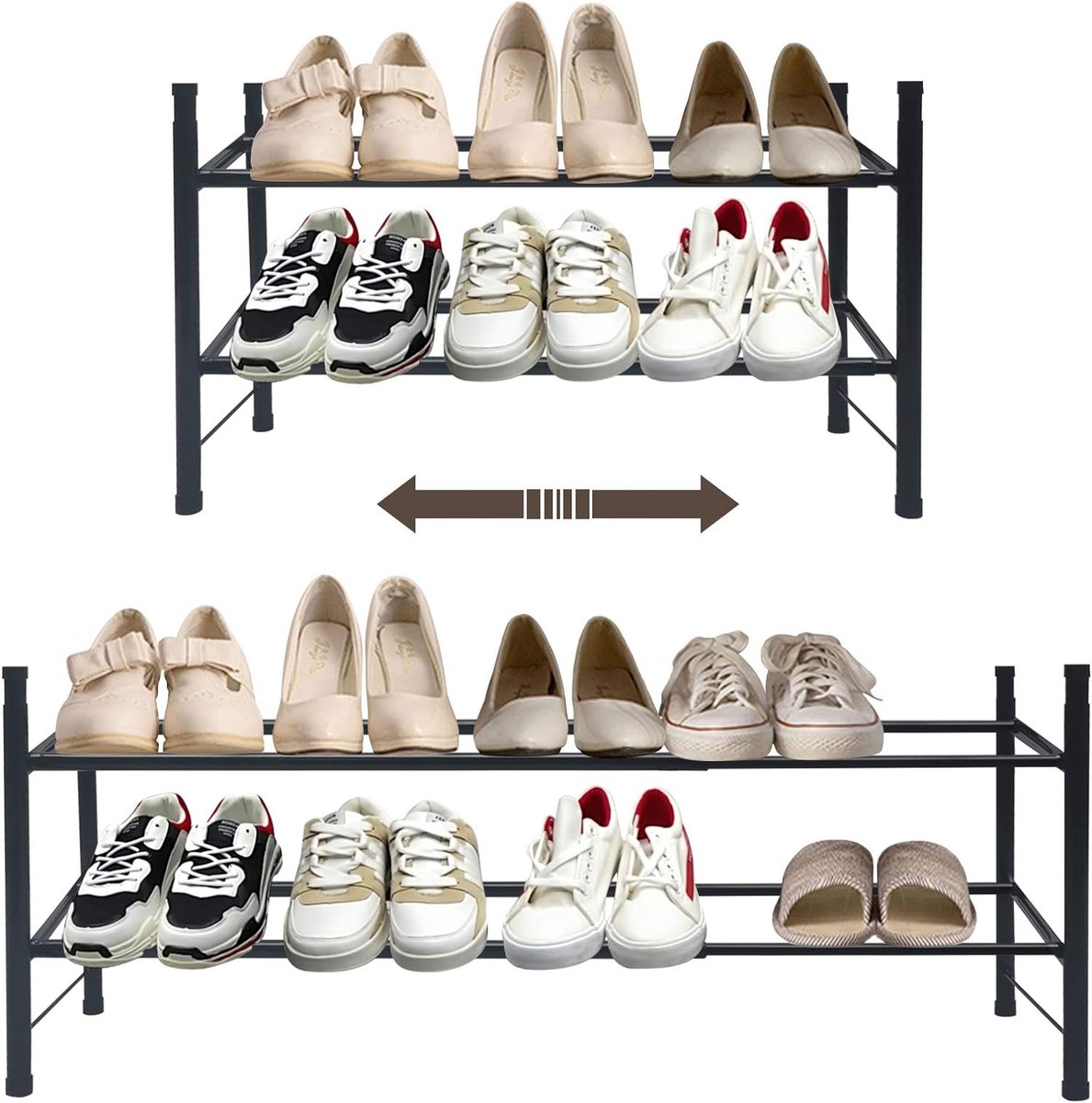 Schoenenrek met schoenenrek voor woonkamer, van metaal voor maximaal organizer voor hal, slaapkamer, schoenenopslag van metaal, voor niveaus, schoenenorganizer, 2-dieren, zwart (4800325687803)