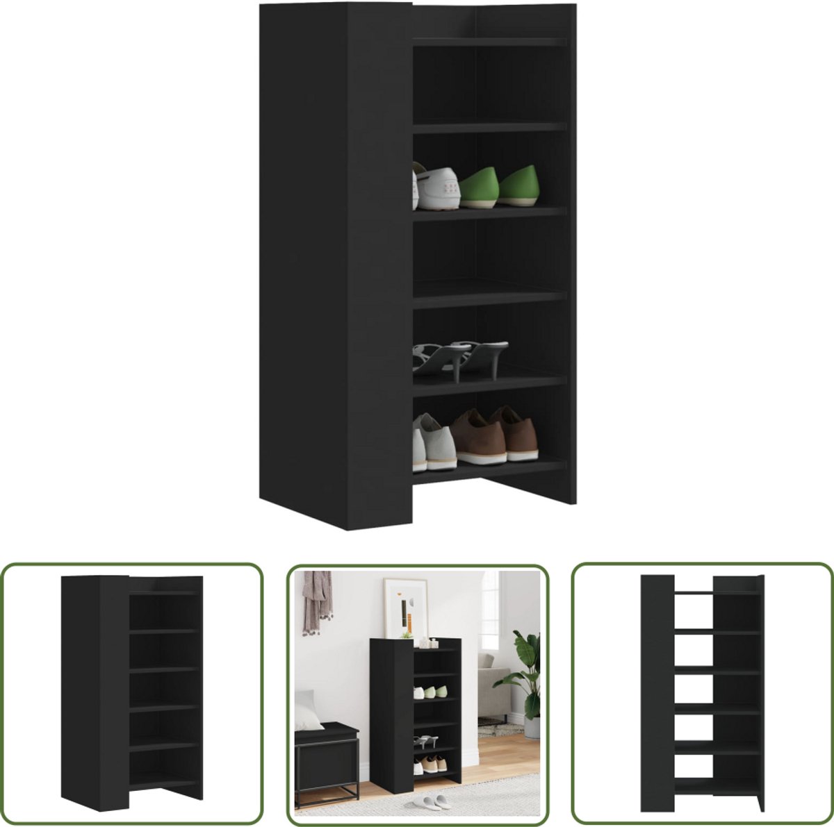 The Living Store Schoenenkast 52x37,5x100 cm bewerkt hout zwart - Schoenenkast - Houten Schoenenkast - Zwarte Schoenenkast - Schoenenopbergers - Bergruimte (8721194780159)