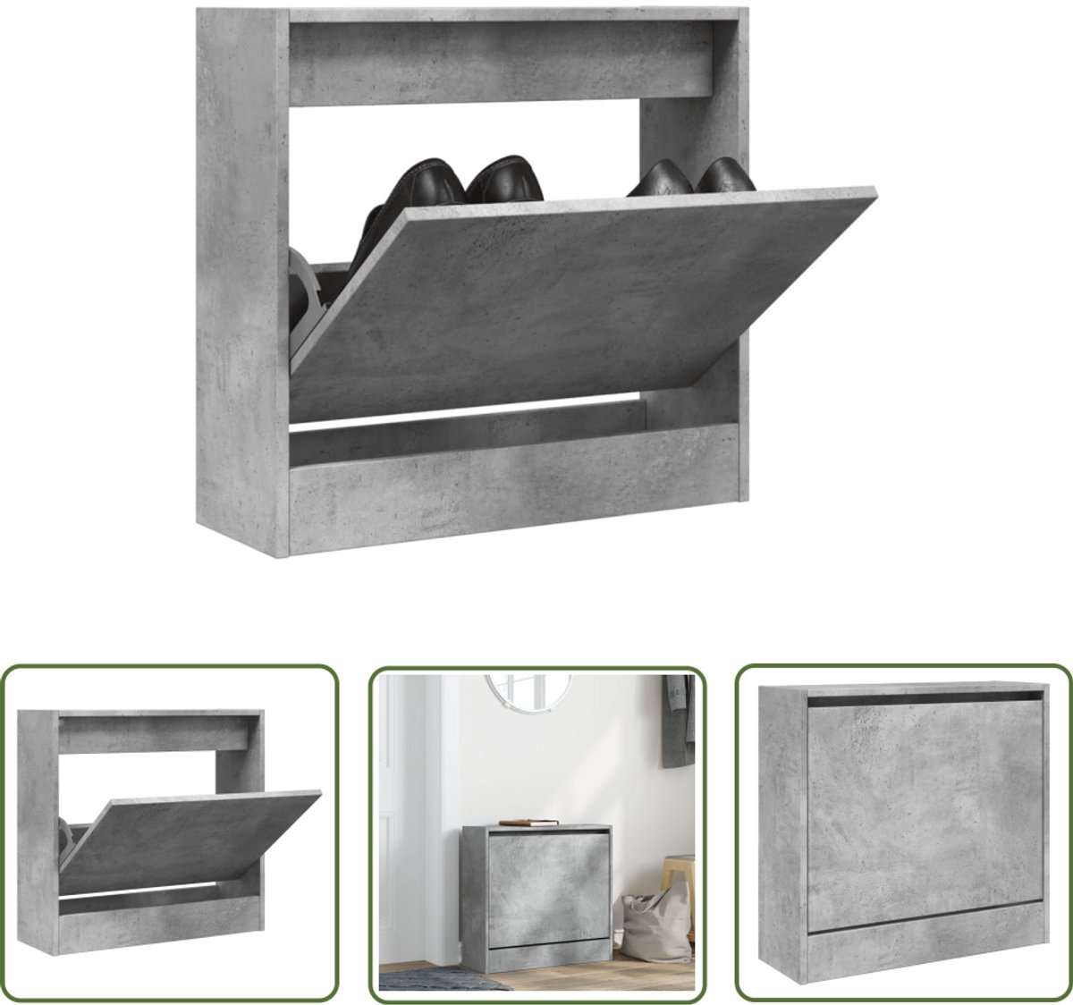 The Living Store Schoenenkast 60x21x57 cm bewerkt hout betongrijs - Schoenenkast - Schoenen Rek - Bergruimte - Compact - Smal (8721194386733)