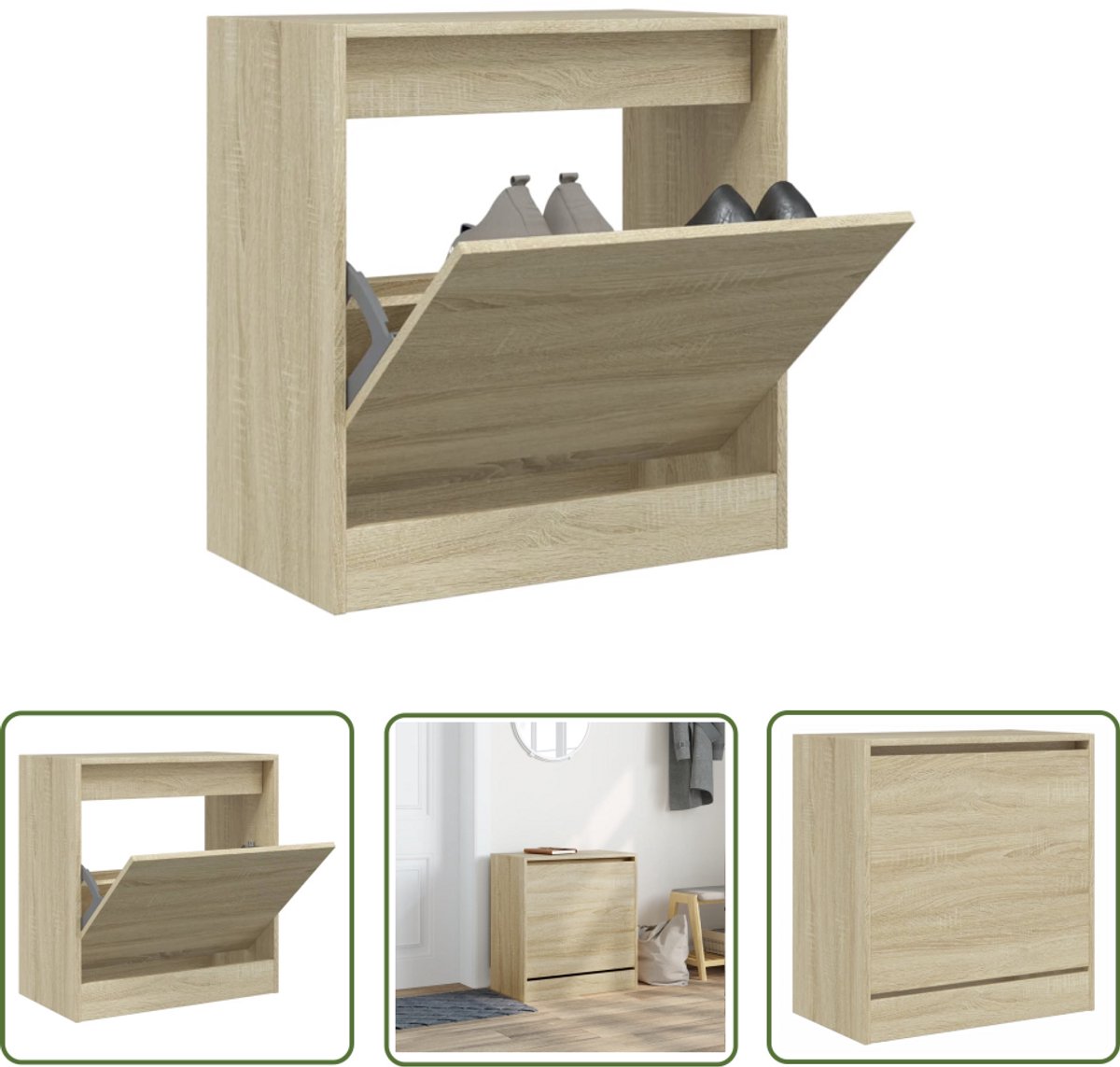 The Living Store Schoenenkast 60x34x63,5 cm bewerkt hout sonoma eikenkleurig - Schoenenkast - Schoenenopbergkast - Houten Schoenenkast - Compact Design - Bruine Schoenenkast (8721194387365)