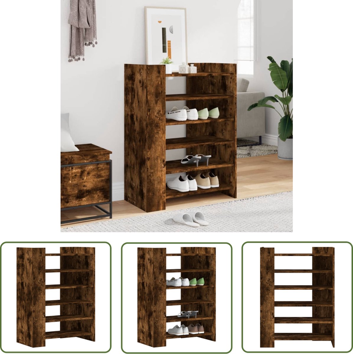 The Living Store Schoenenkast 74,5x37,5x100 cm bewerkt hout gerookt eikenkleurig - Schoenenkast - Houten Schoenenkast - Schoenenopbergers - Bergruimte - Organisatie (8721194714185)