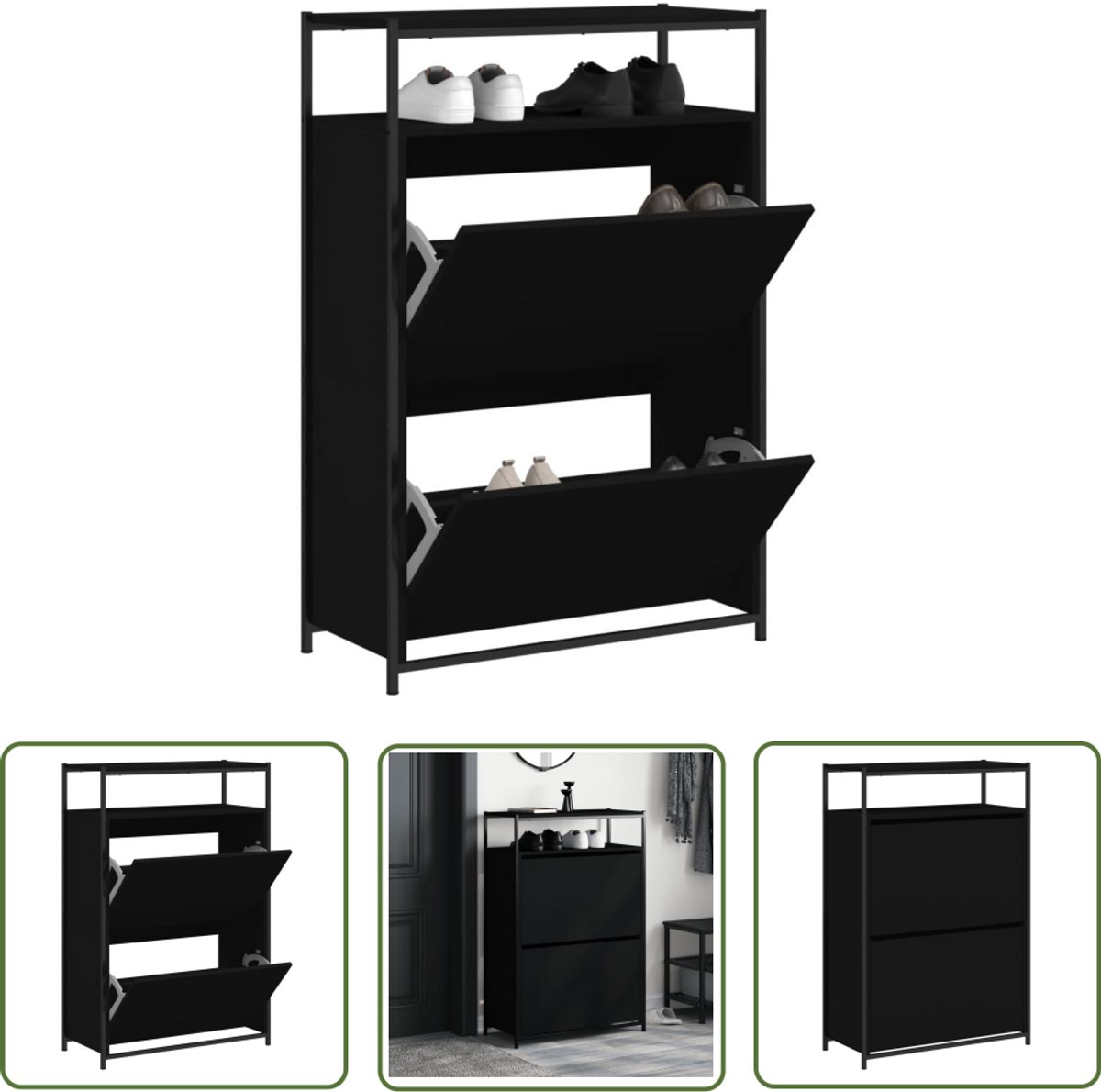 The Living Store Schoenenkast 75x34x112 cm bewerkt hout zwart - Schoenenkast - Schoenuitlegers - Bergruimte - Compact - Smal (8721194090302)