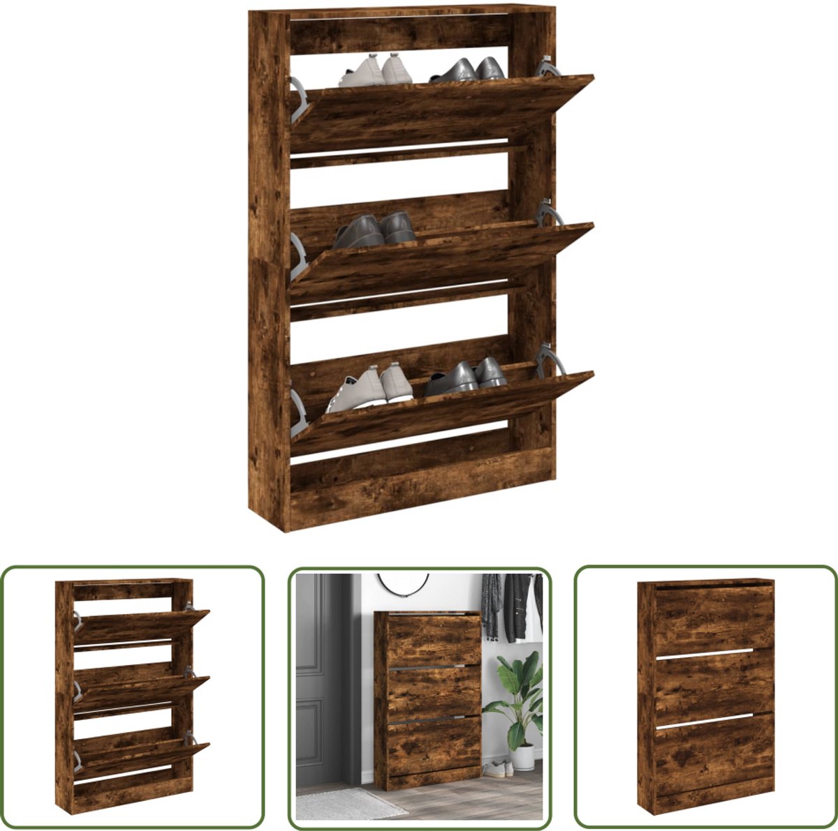 The Living Store Schoenenkast 80x21x125,5 cm bewerkt hout gerookt eikenkleurig - Schoenenkast - Schoenenopbergkast - Houten Schoenenkast - Bruine Schoenenkast - Compact Schoenenkast (8721194399047)