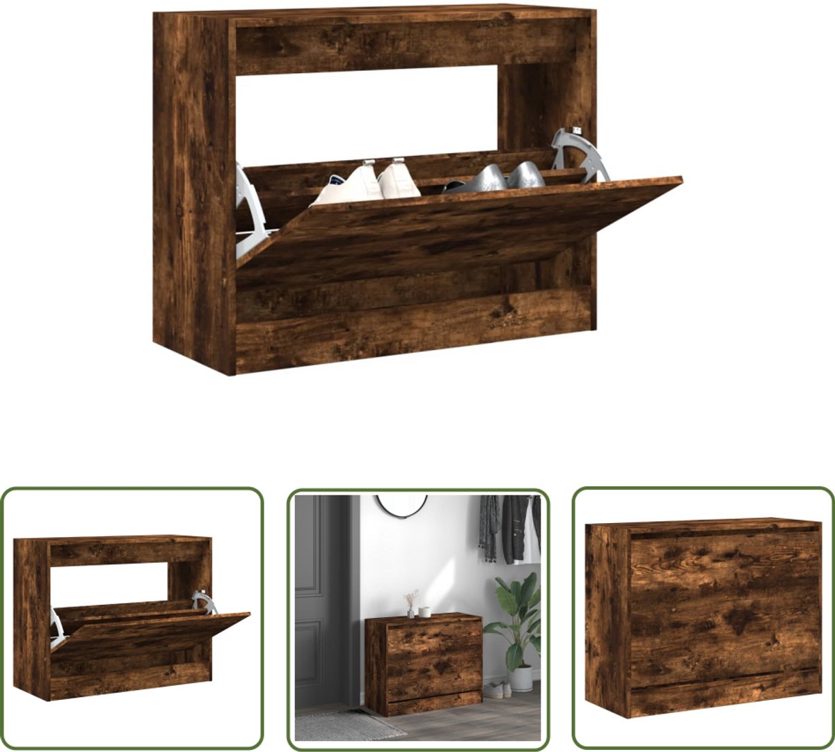 The Living Store Schoenenkast 80x34x63 cm bewerkt hout gerookt eikenkleurig - Schoenenkast - Compact - Bruine Schoenenkast - Houten Schoenenkast - Schoenuitlegkast (8721194387372)
