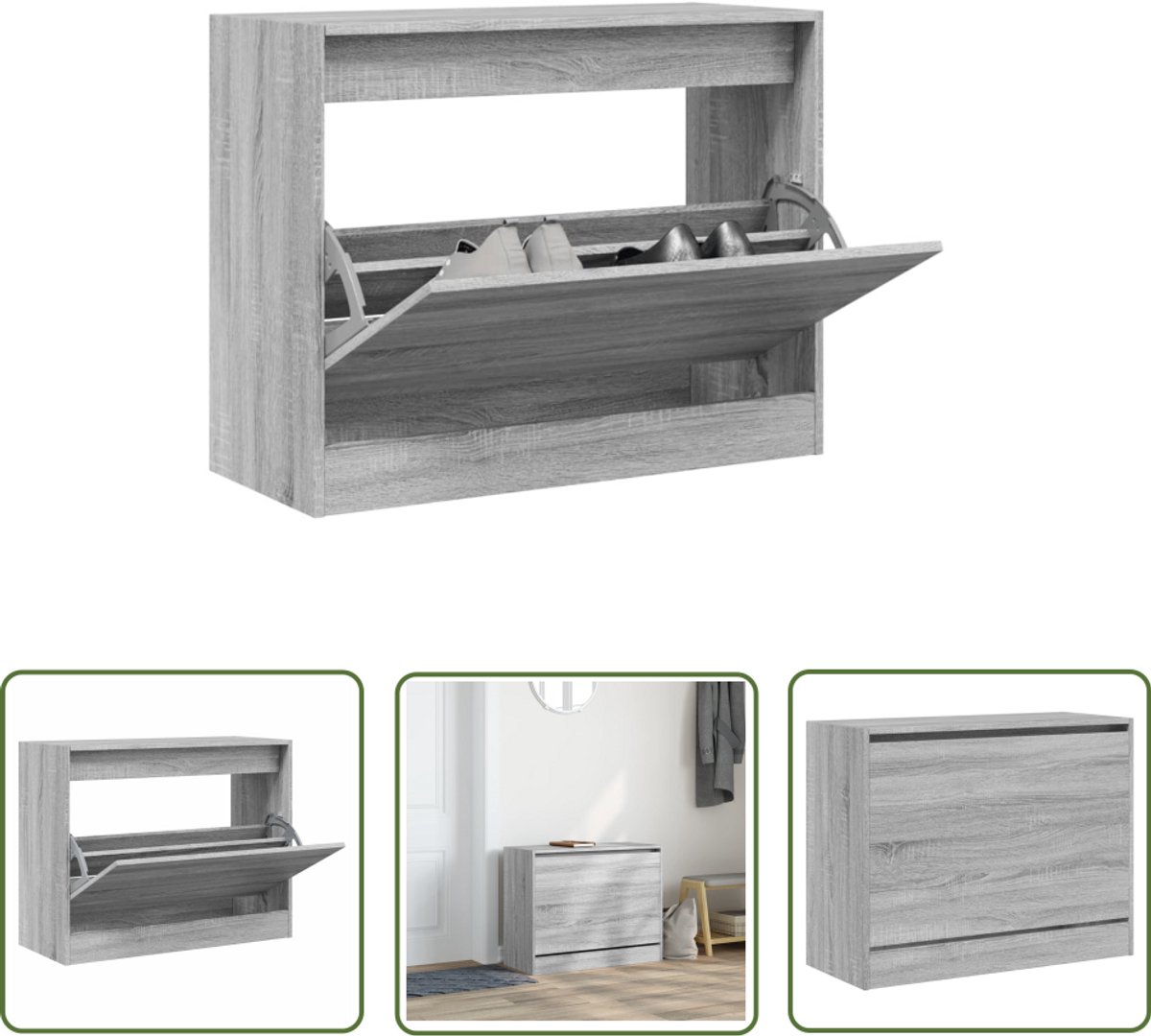 The Living Store Schoenenkast 80x34x63 cm bewerkt hout grijs sonoma eikenkleurig - Schoenenkast - Compact - Houten Schoenenkast - Grijze Schoenenkast - Schoenenopbergkast (8721194080389)