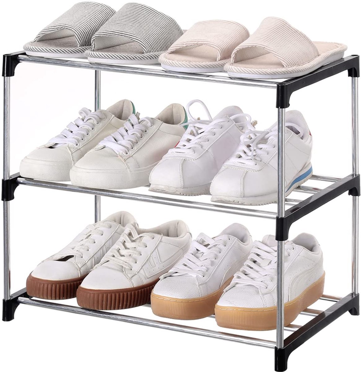 Unyqoos ® Stapelbaar Schoenenrek voor Entree, Hal en Kast met Ruimtebesparende Opbergmogelijkheden (3 Lagen, Zwart) (8721323010867)