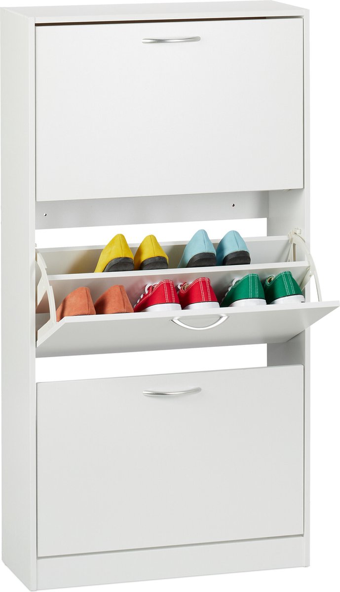 schoenenkast - 3 kleppen - smal - 18 paar - 116x60x24 cm - wit (4052025878078)