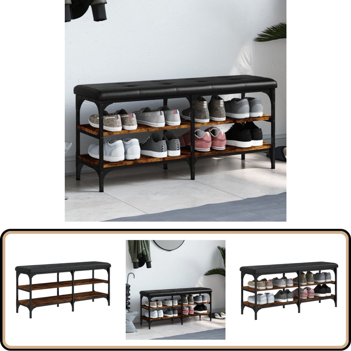 vidaXL Schoenenbank - 102x32x47 cm - Gerookt Eiken Schoenenbankje - Schoenenbankjes - Halbankje - Opbergbankje (8251038203099)