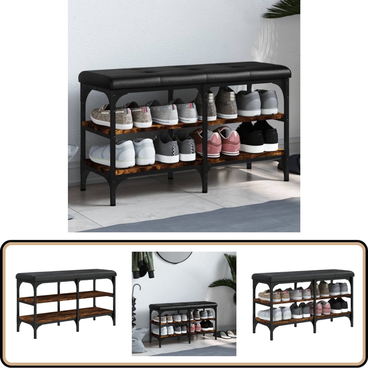 vidaXL Schoenenbank Gerookt Eiken 82x32x47 cm Schoenenbankje - Schoenenbankjes - Halbankje - Opbergbankje (8139954529526)