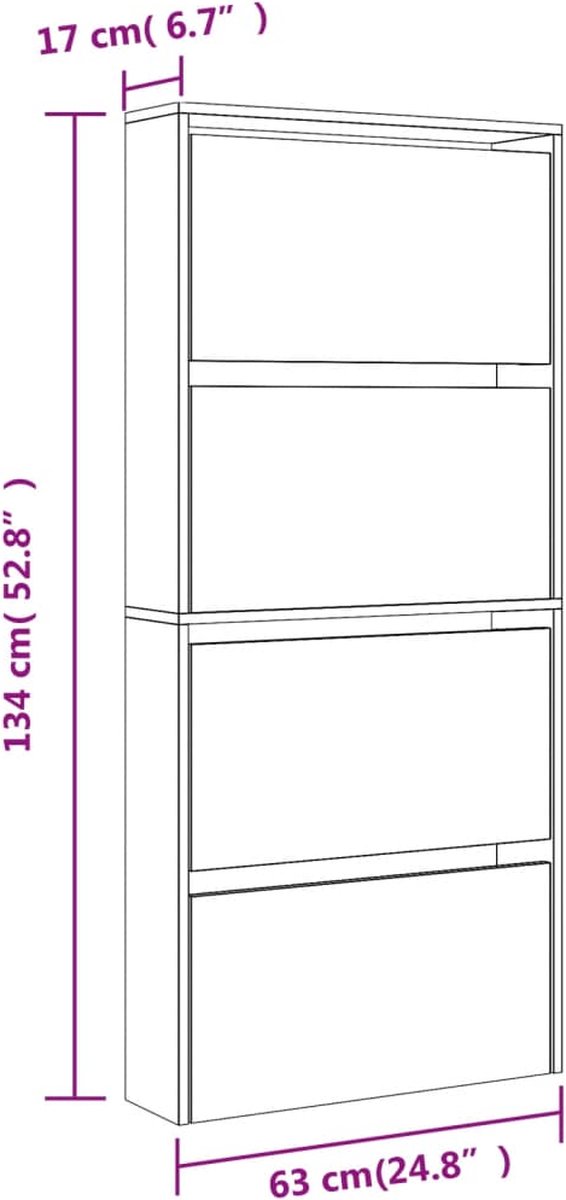 vidaXL Schoenenkast met spiegel 4-laags 63x17x134 cm hoogglans wit (8721012989160)