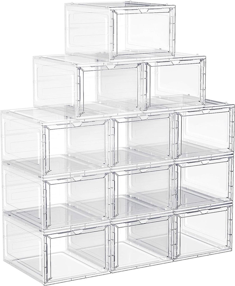 12-delige set schoenendoosorganizer - opbergcontainer - stapelbare dozen - PP en ABS plastic - 27 cm x 34,5 cm x 19 cm (6097642879815)