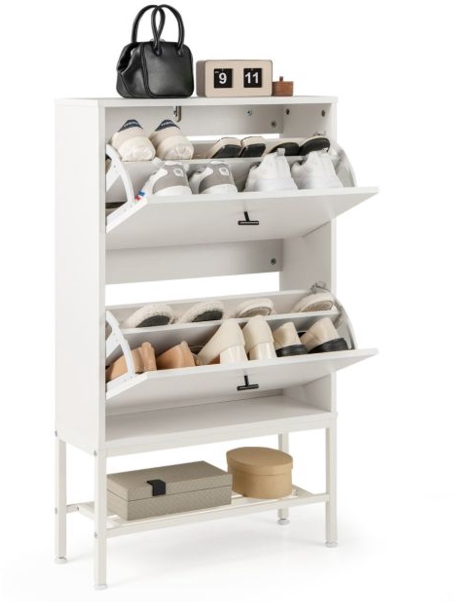 FURNIBELLA-Moderne Witte Schoenenkast met 2 Deuren, 4 Verstelbare Planken en Open Plank Rek voor Extra Opslag (8721328617337)