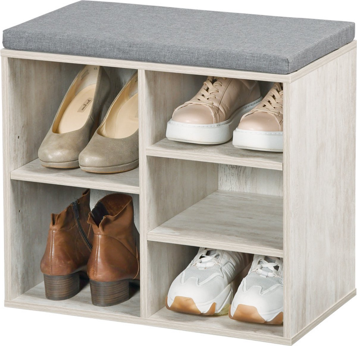 Kesper Schoenenrek/schoenenkast met zitvlak - whitewash - 5 paar schoenen - hout - L51 x B30 x H48 cm - vakjeskast (4000270159114)