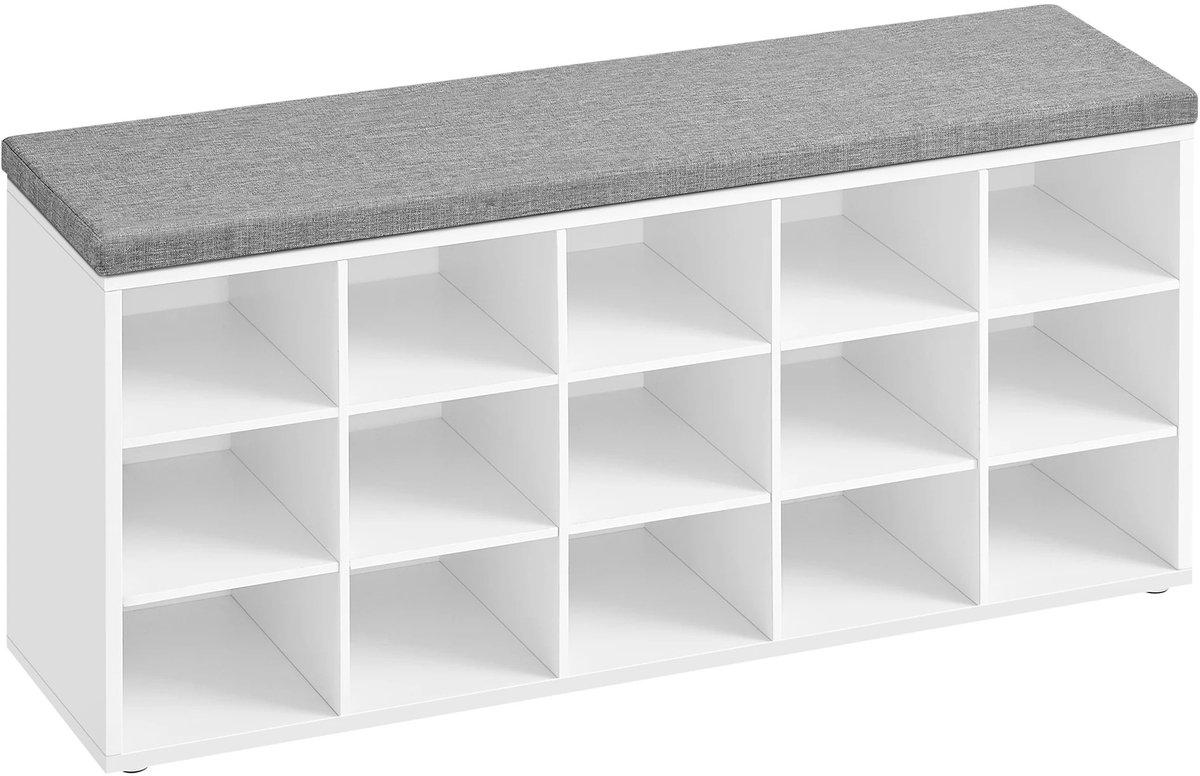 Mila Shop Schoenenbank met zitkussen - Schoenenrek - Schoenenkast - Opbergbank - 15 Vakken - 105x30x48cm (8721335581171)