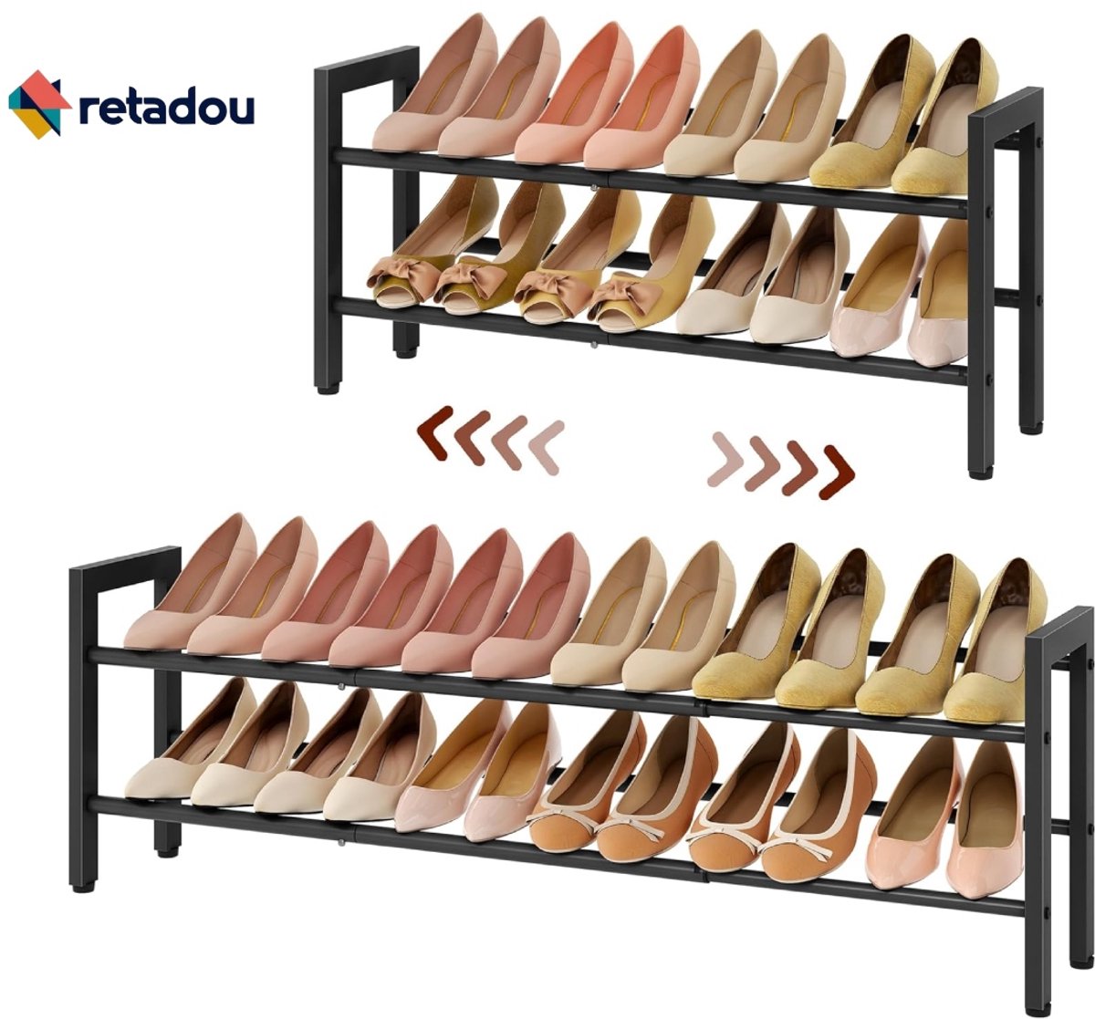 Retadou - Schoenenrek, 2 niveaus, uittrekbaar, zwart, verstelbaar, ruimtebesparend, robuuste schoenenstandaard voor entree, slaapkamer (6152245341364)