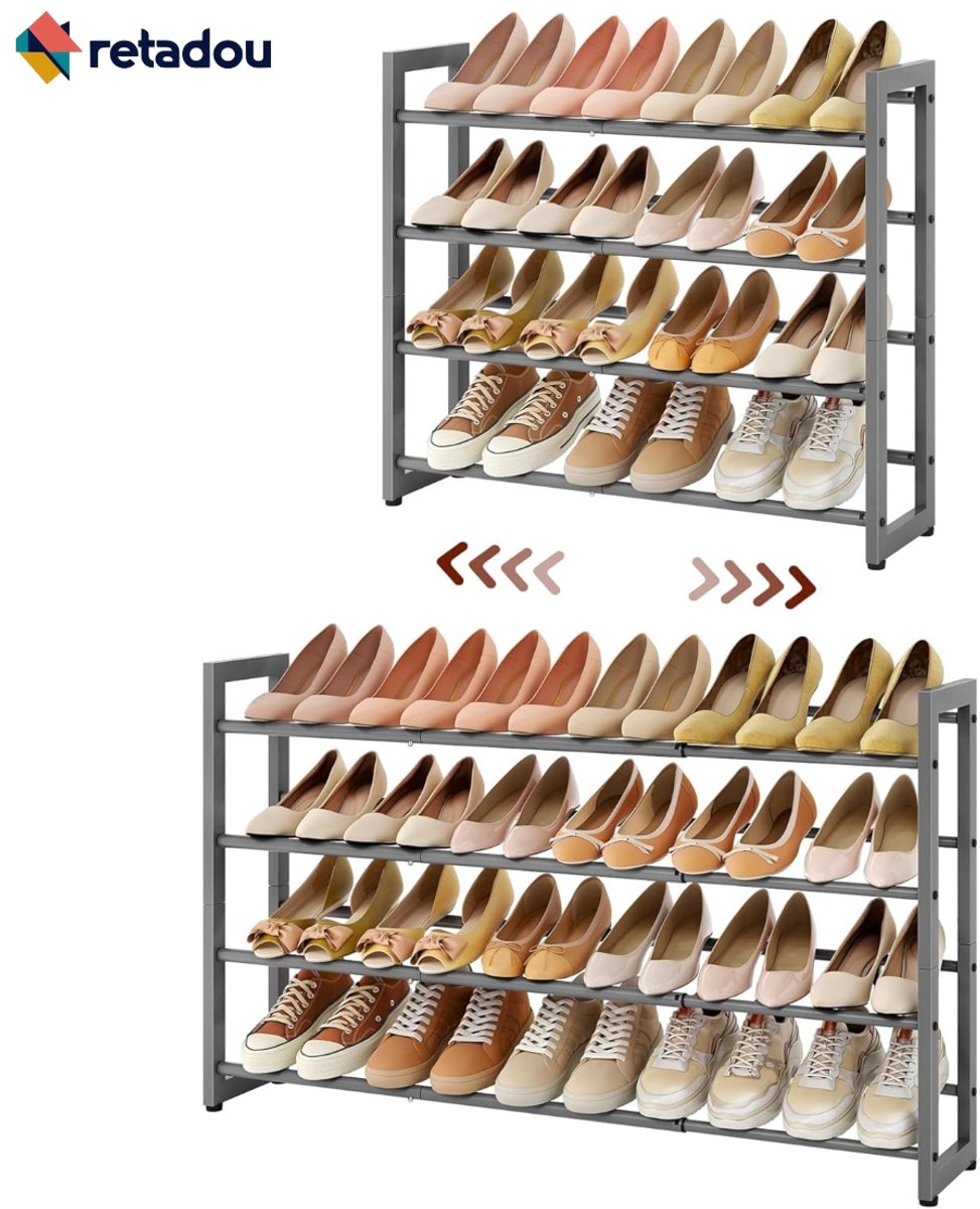Retadou - Schoenenrek, 4 niveaus, uittrekbaar, grijs, verstelbaar, ruimtebesparend, robuuste schoenenstandaard voor entree, slaapkamer (6152245345348)