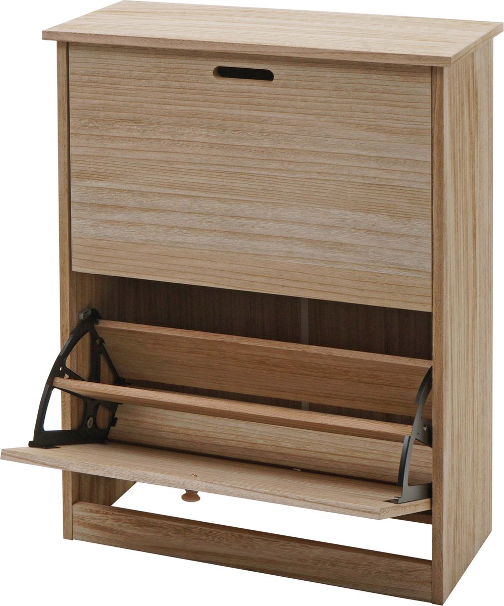 Schoenenkantelaar MCW-K45, schoenenkast schoenenrek, 81x60x25cm 2 kleppen, MDF gemaakt van paulownia ~ naturel bruin (4057651575858)