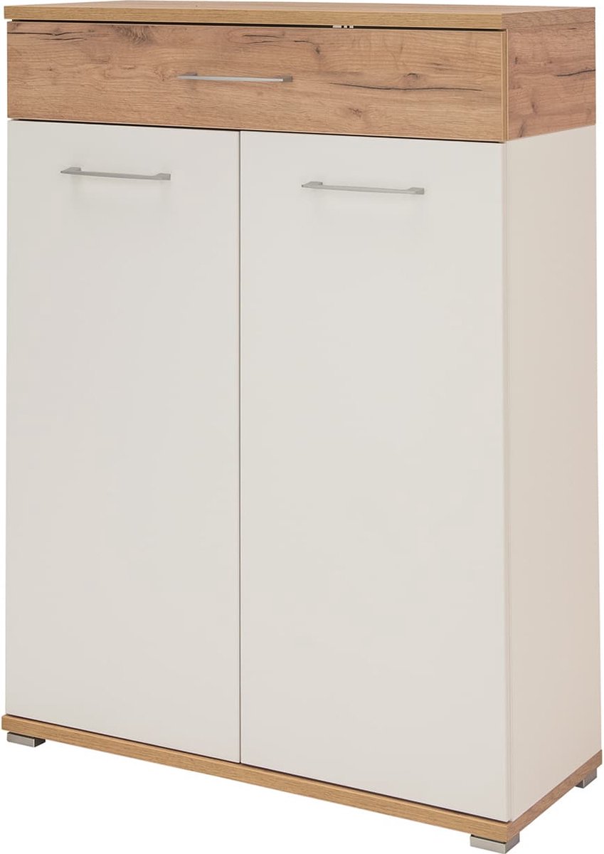Schoenenkast Alicante Eiken - Wit - 20 paar schoenen - Breedte 89 cm - Hoogte 118 cm - Diepte 37 cm - Met lades - Met openslaande deuren (6097138437406)