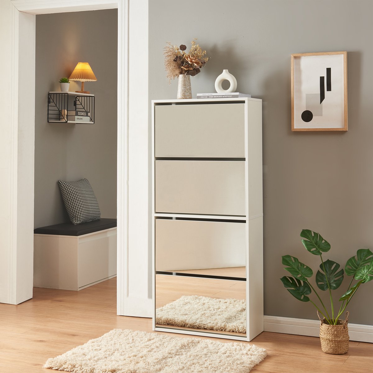 Schoenenkast Lund met 4 kleppen spiegeldeuren wit 134x60x24 cm [en.casa] (4059438948985)