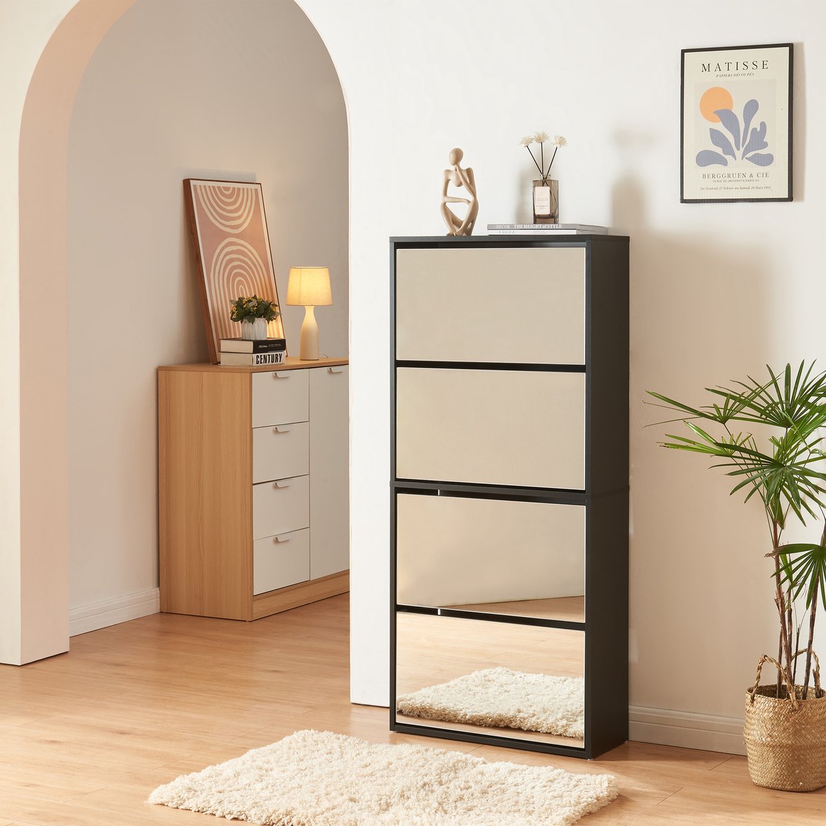 Schoenenkast Lund met 4 kleppen spiegeldeuren zwart 134x60x24 cm [en.casa] (4059438948992)