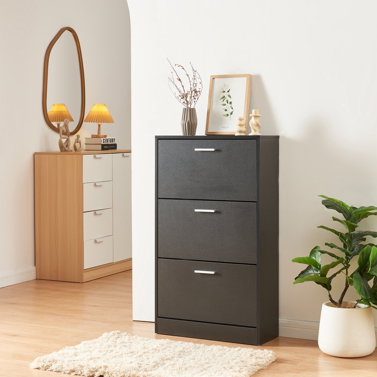 Schoenenkast Sykkylven 3 kleppen zwart 103x60x24 cm [en.casa] (4059438948930)