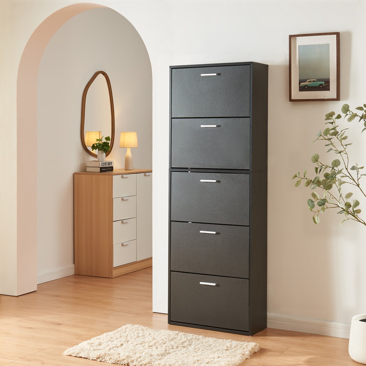 Schoenenkast Sykkylven 5 kleppen zwart 169x60x24 cm [en.casa] (4059438948978)