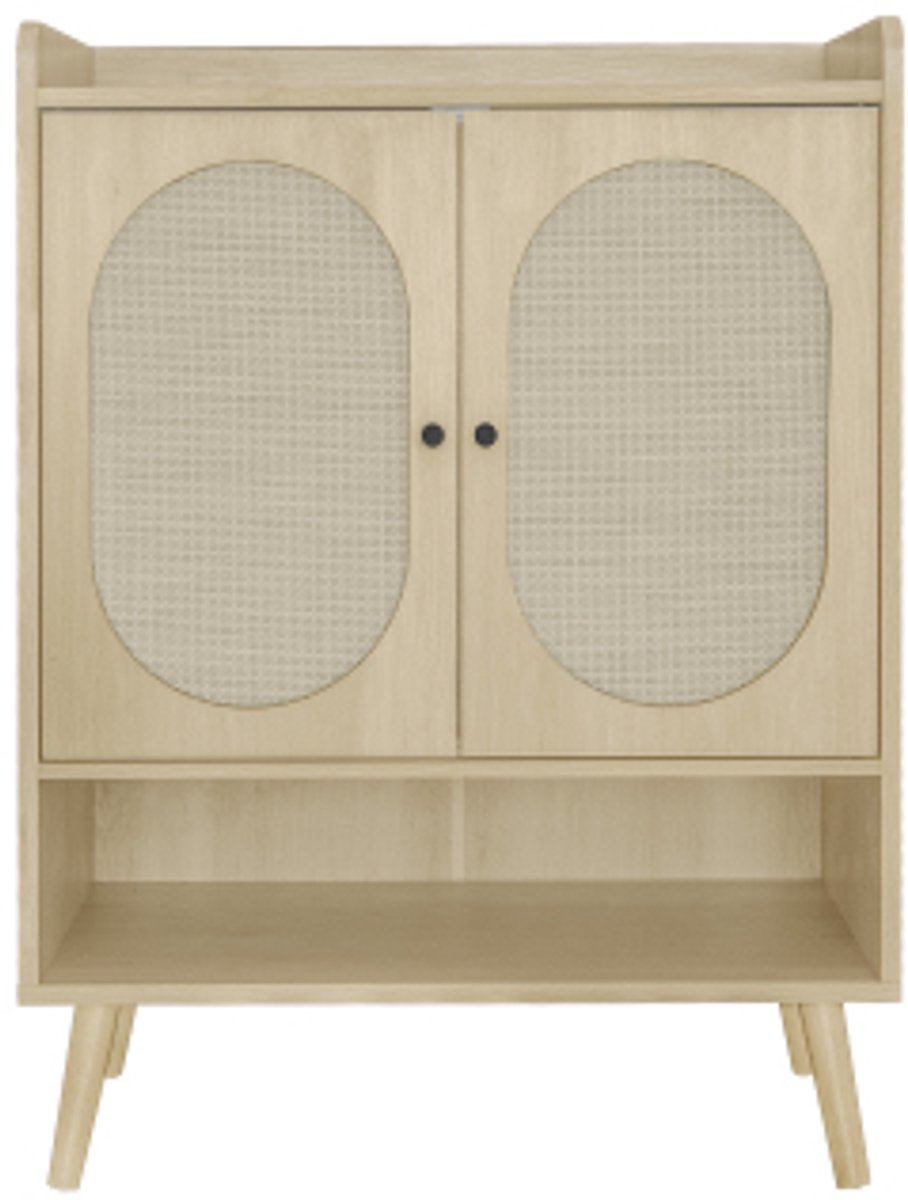 Schoenenkast met dubbele deuren in natuurlijke houtlook, rotan vlechtwerkdesign - met opbergruimte en open tussenplank - voor hal, entree of gang. Afmetingen: 68*35*90cm (4255839456467)