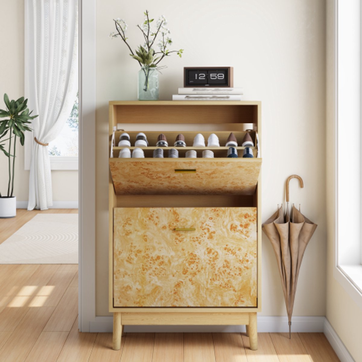 Schoenenplank met klontstructuur, onafhankelijke schoenkast met massieve houten benen, smalle schoenkast bij de ingang (4003301577307)