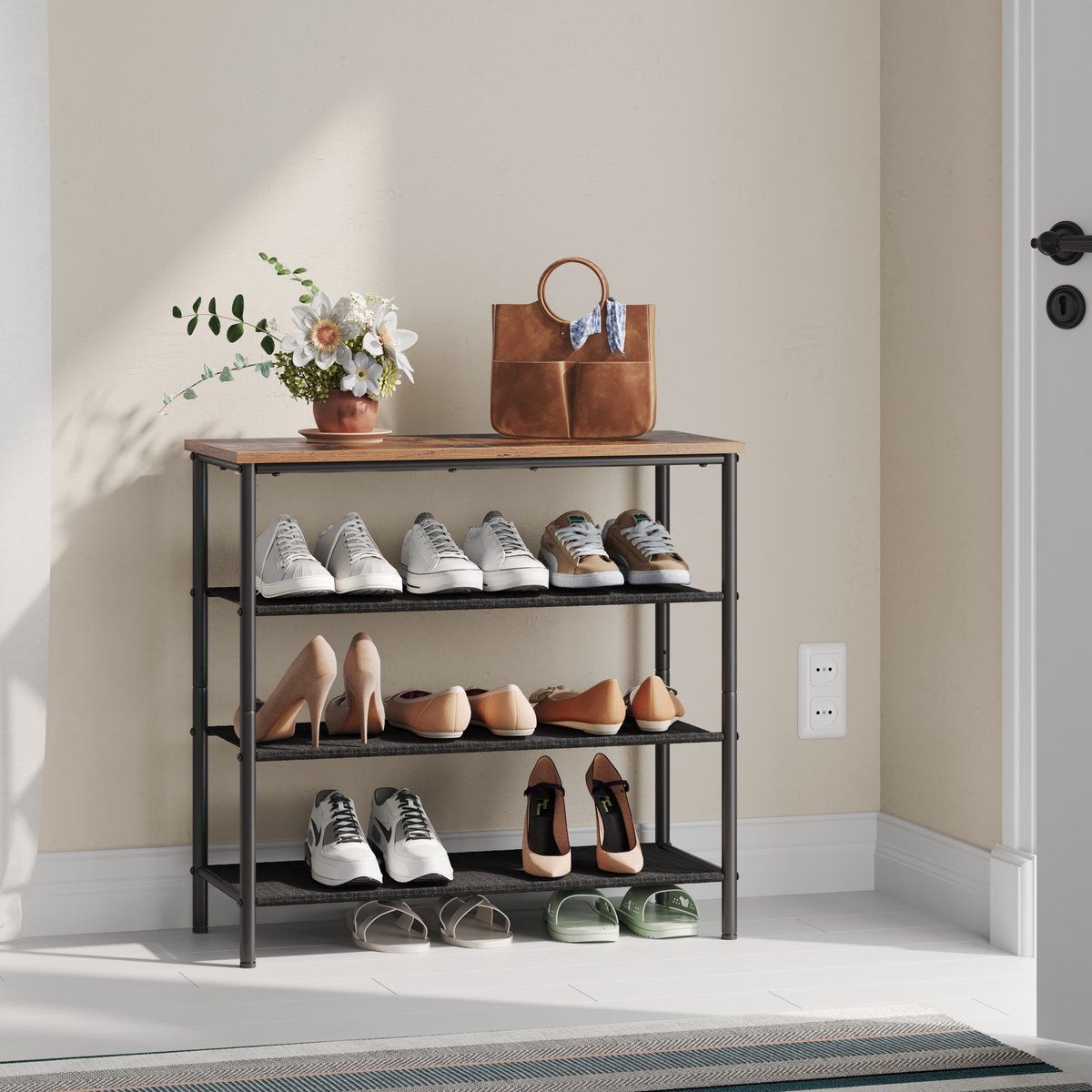 Schoenenrek met 4 niveaus, ruimtebesparend ontwerp, 3 stoffen planken (9509333119348)