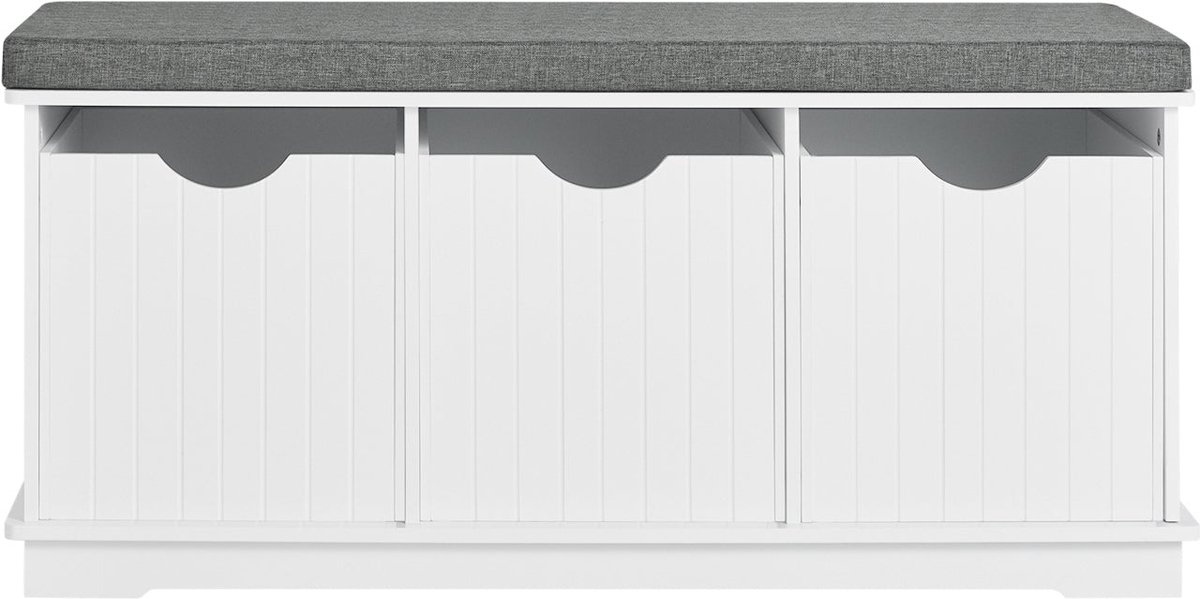 SoBuy FSR30-W Moderne Schoenenbank, geschikt voor schoenen en speelgoedopslag, met zitkussen en 3 afneembare manden, 100x46x36cm, wit (4251388607831)