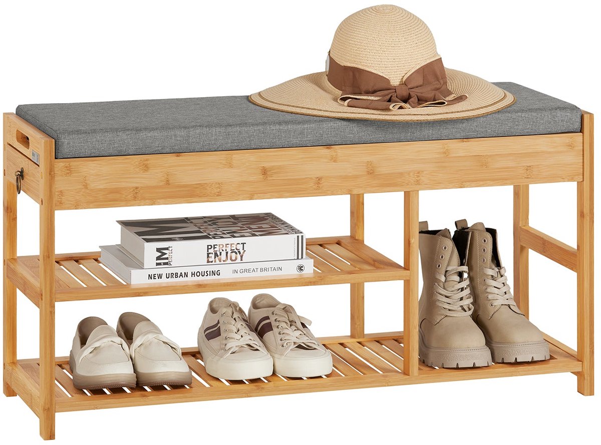 SoBuy FSR47-N Schoenenbank en -kast voor gangen, woonkamers en kantoren, 3 planken, 2 lades, grijs kussen, B 90 x D 30 x H 45 cm (4251388601532)