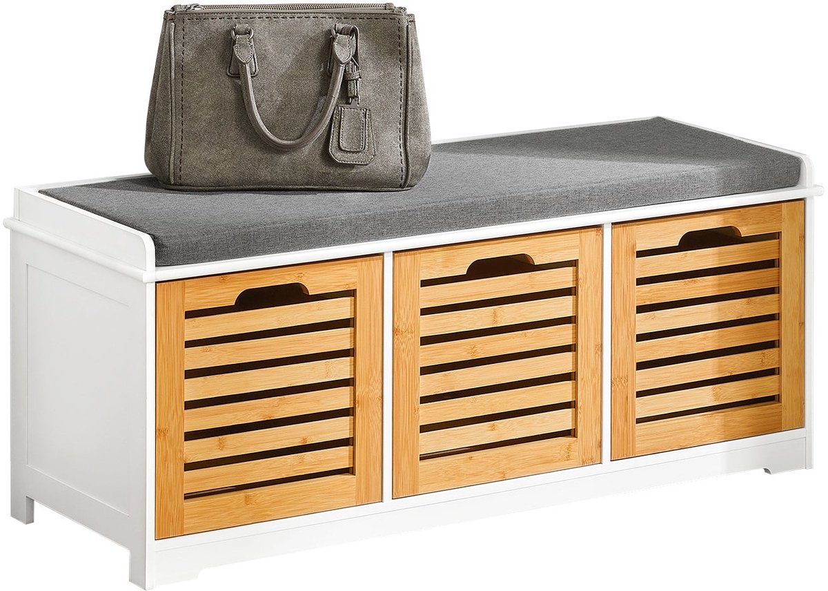SoBuy Schoenenbank met zitkussen voor gang of woonkamer, 3 afneembare manden, 105x43x35 cm, FSR23-WN (4251388607794)