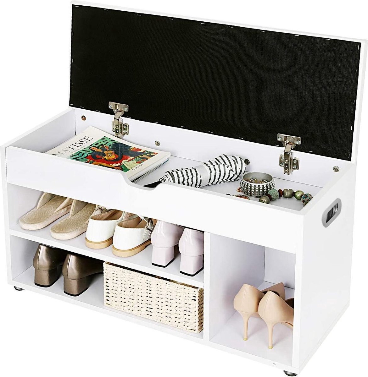 Soof & Tess Schoenbank met zitkussen - Schoenenrek - Opbergruimte onder de zitting - gangmeubels - 3 vakken - Schoenenkast - 150 kg draagvermogen - 80 x 30 x 44 cm (6095656567582)