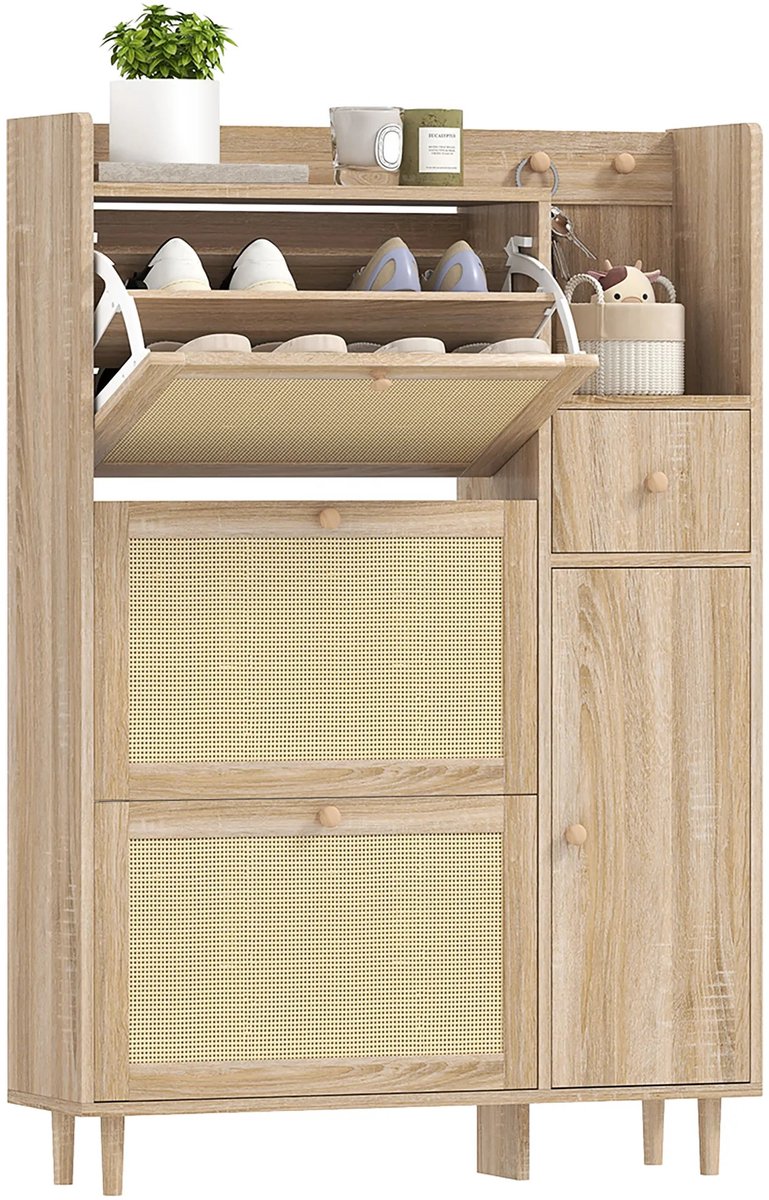 SureDeal® - 3-Lades Opvouwbare Schoenenkast - Eiken Rotan Fronten - Compact -Functioneel - 80x23x120 cm - Voor 12 Paar Schoenen (6154500245271)