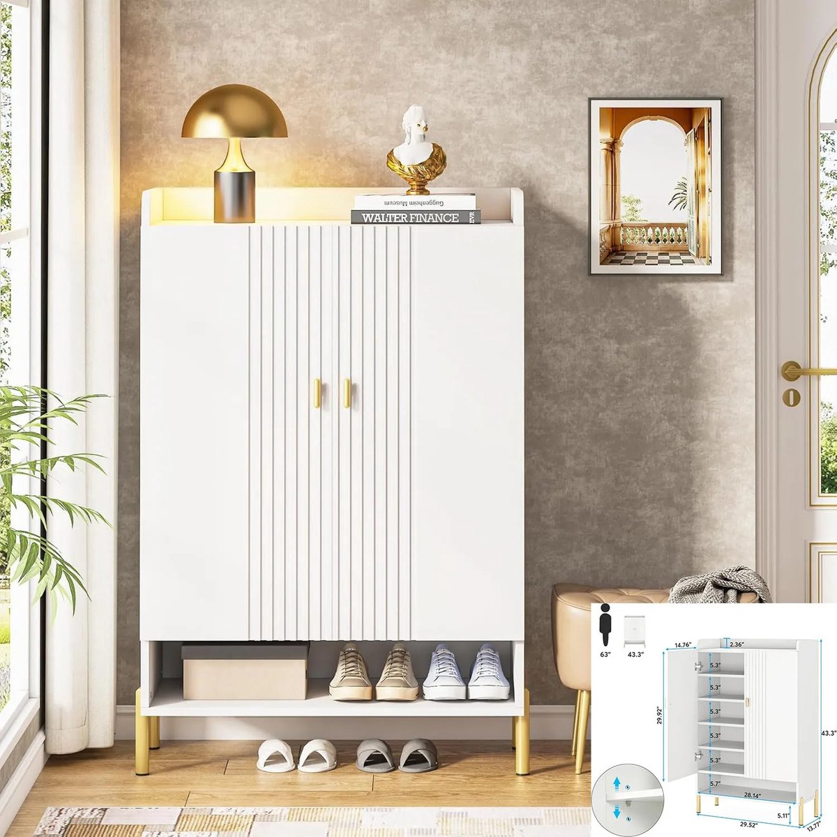 SureDeal® - Schoenenkast - 6-laags - Massief Hout - 60x30x120 cm - Wit - Met Deuren -Gouden Pootjes - Voor Hal -Slaapkamer (6154501563541)