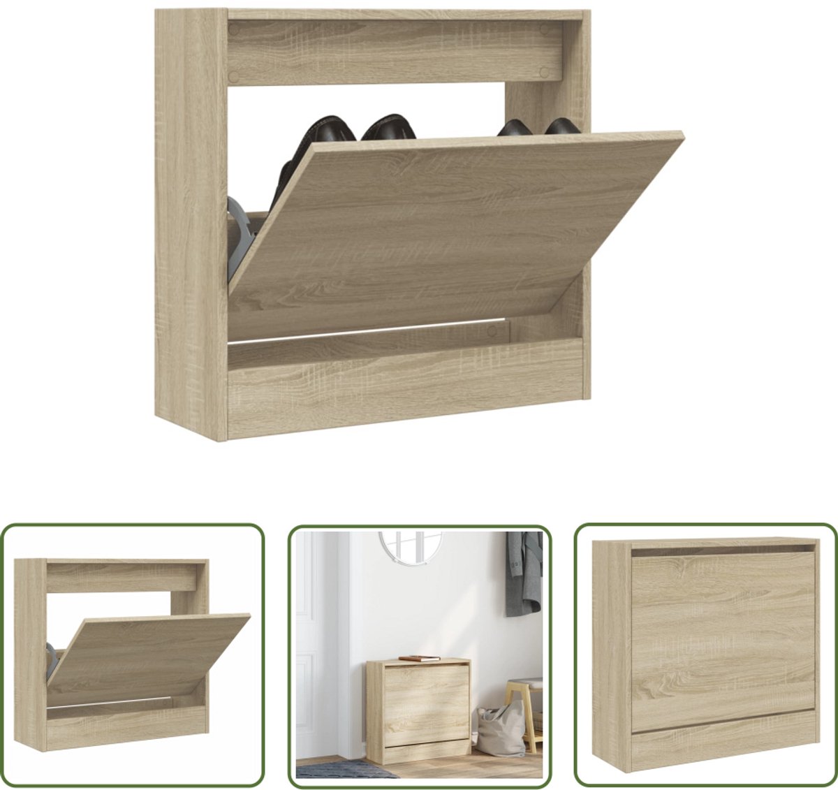 The Living Store Schoenenkast 60x21x57 cm bewerkt hout sonoma eikenkleurig - Schoenenkast - Schoenenopbergkast - Compact Kastje - Smal Meubel - Bruine Kast (8721194232887)