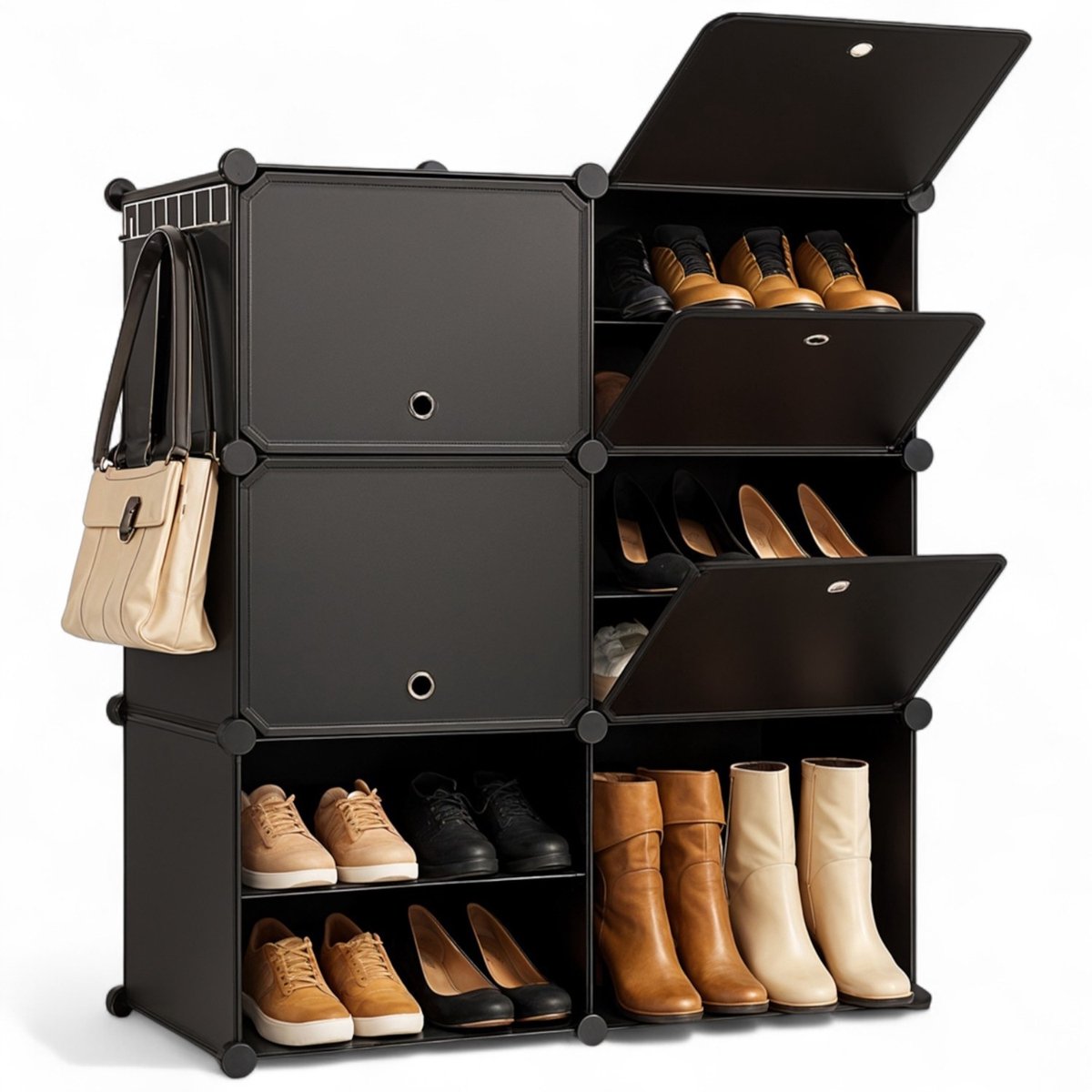 Goliving Opvouwbare Opbergkast - 24 Paar - 92 x 82 cm - Schoenenkast - Schoenenrek met Deuren - Schoenenbank - Zwart (8721082593564)