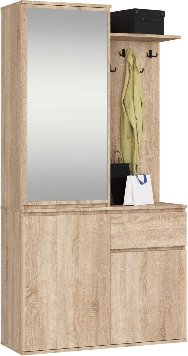 Hal set met spiegel ENTRO / Halmeubel met 3 Deuren en 1 Lade / Hal Kast / Kapstok en Schoenenkast / Sonoma Eik / 95 x 183 x 35 cm (5901738162495)