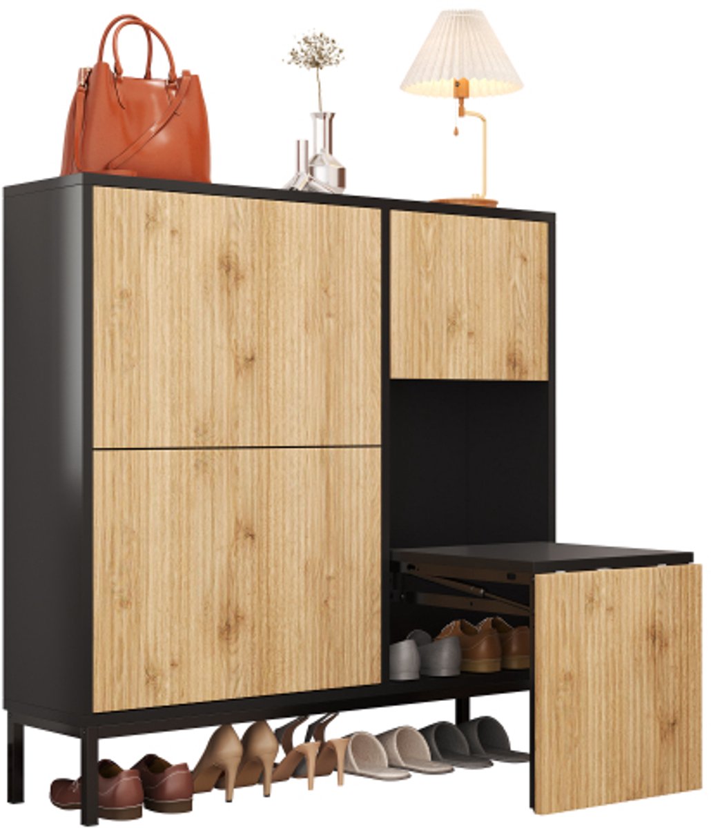 Learnlogic schoenenkast met schoenwisselbankje, schoenenrek met drie klapdeuren en open opbergruimte, geschikt voor gang en slaapkamer (4000340285088)