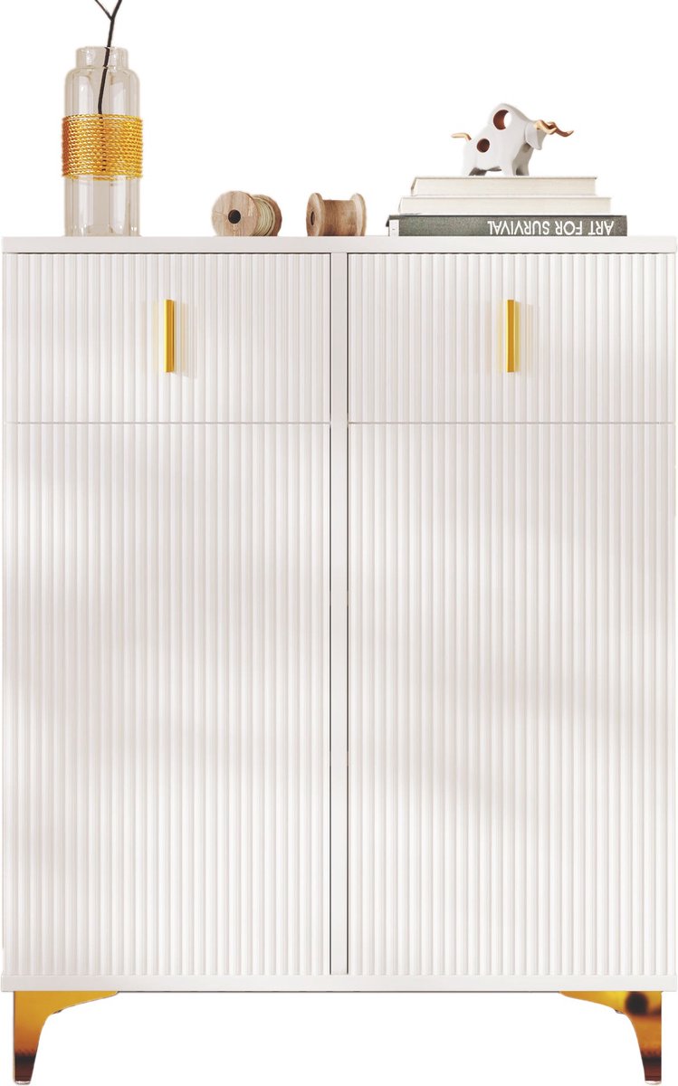 Merax Elegante Kast - Dressoir met Structuurpanelen - Schoenenkast met Verstelbare Planken en Vergulde Details - Inclusief Lades - Wit (8721178457367)