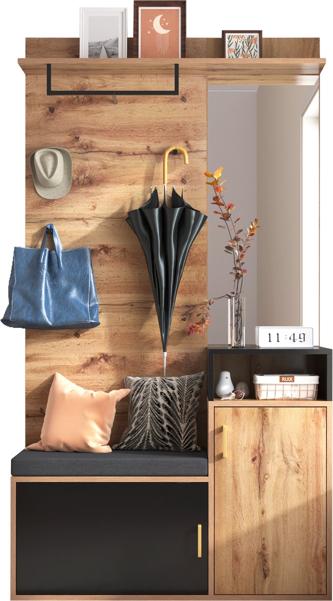 Merax Garderobekast met Kapstok - Garderoberek met Spiegel - Schoenenkast - Schoenenrek met Bank - Bruin met Zwart (3347827384386)