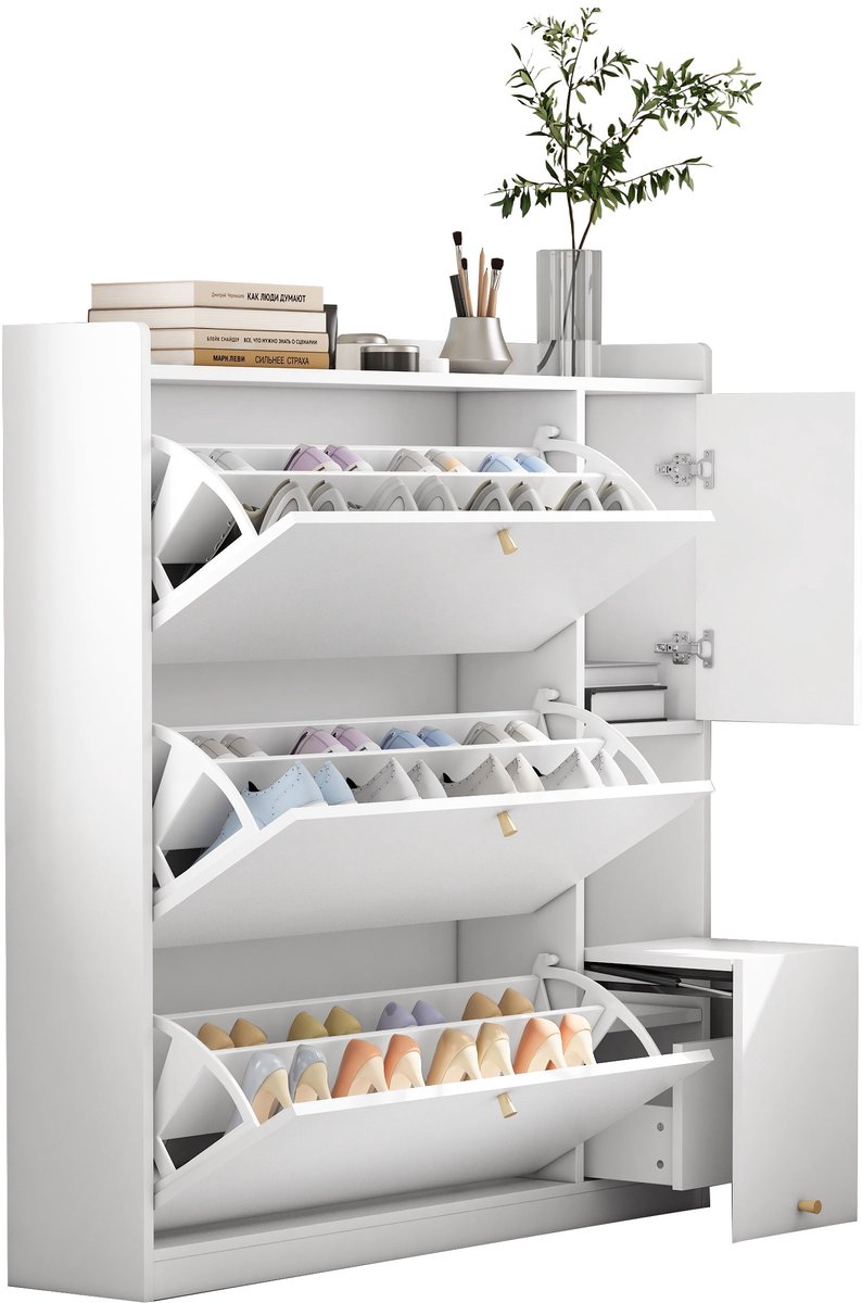 Merax Witte Schoenenkast Met Kleppen en Zitbank 119x24x122 cm Smalle Halbank Met Opbergruimte (8721178464884)