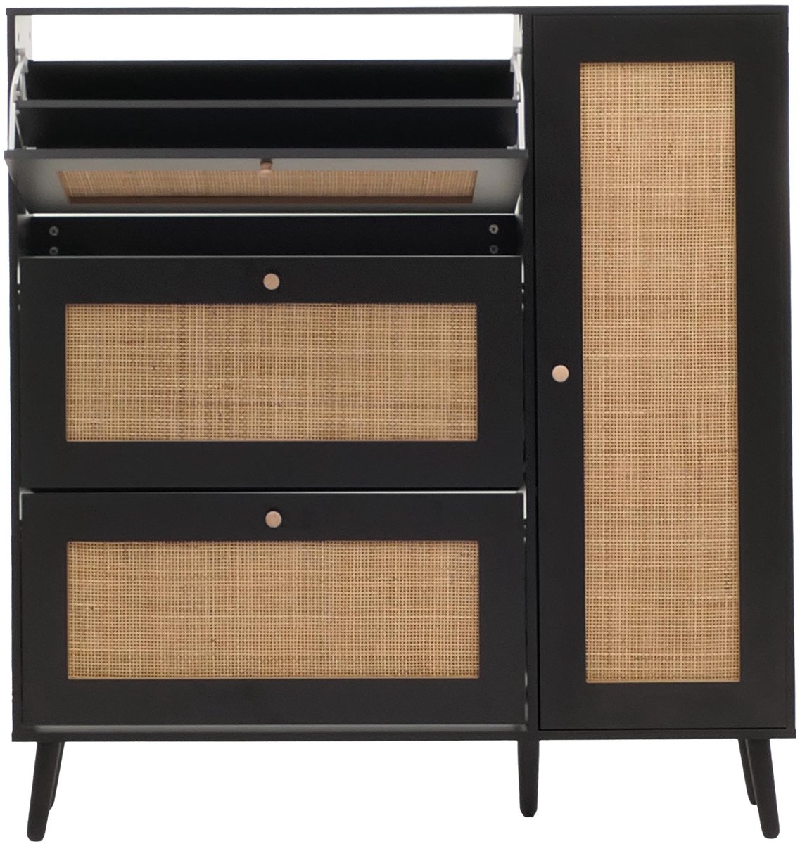 Rotan schoenenkieper MCW-M37, schoenenrek schoenenkast, 3 kantelbare vakken 2 planken 127x120x24cm hout melamine ~ zwart (4057651759562)