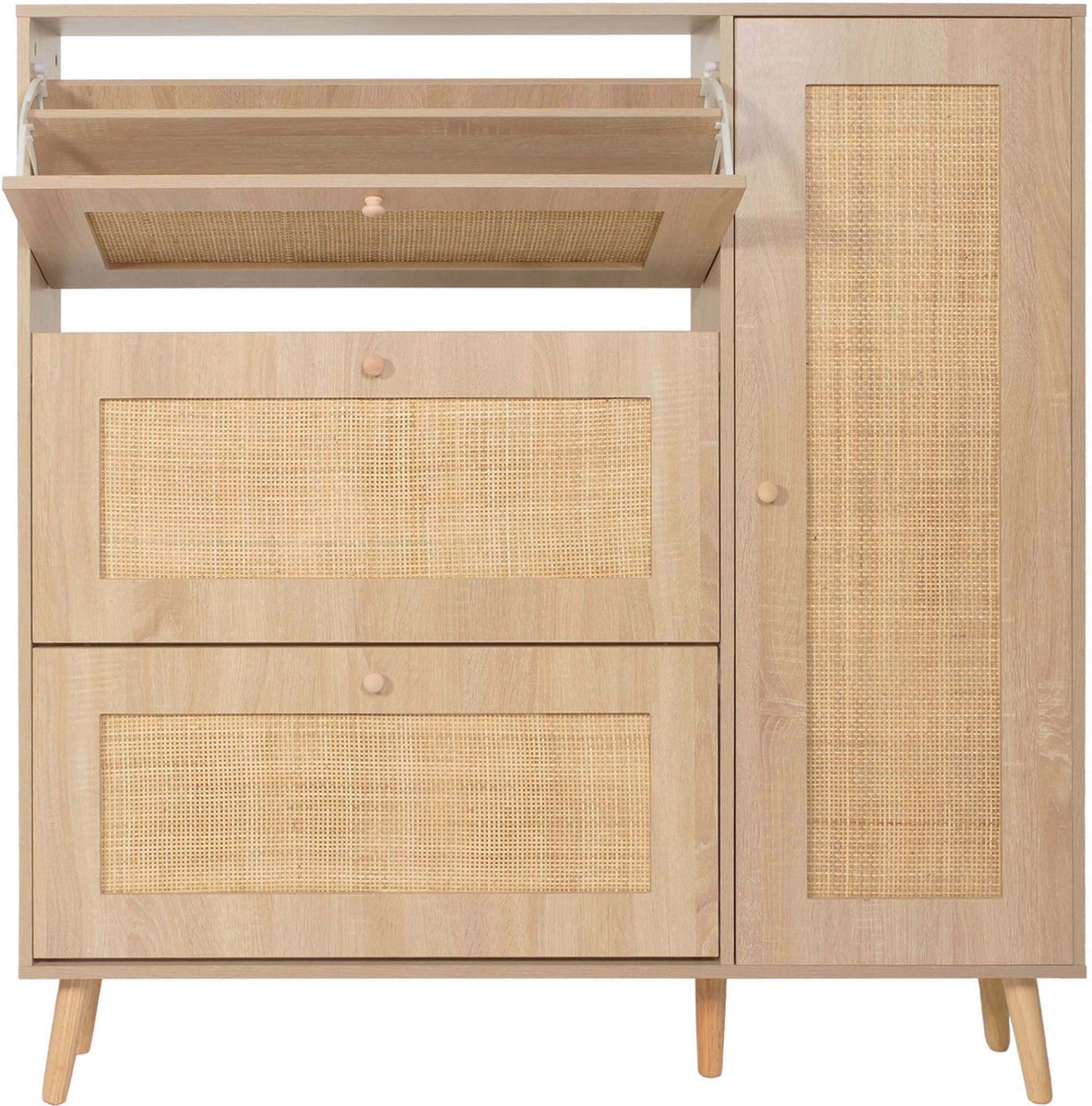 Rotan schoenenkieper MCW-M37, schoenenrek schoenenkast, 3 kantelvakken 2 schappen 127x120x24cm hout melamine eiken look (4057651830391)