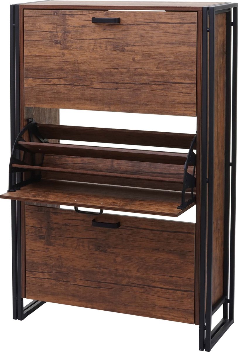 Schoenenkantelaar MCW-A27, schoenenkast schoenenrek, 122x77x29cm 3D structuur 3 kleppen MVG ~ wild eiken look (4057651386591)