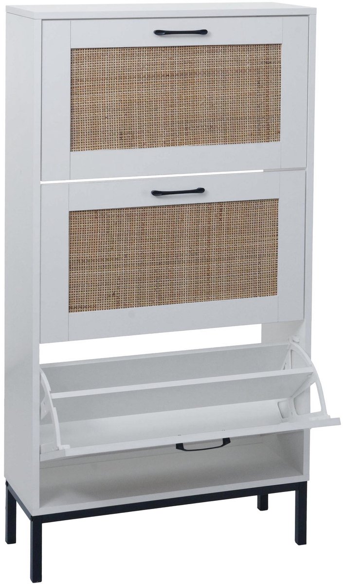 Schoenenkast MCW-N92, schoenenkantelaar schoenenrek, 3 vakken rotan front melamine, 126x63x24cm ~ wit (4057651711164)