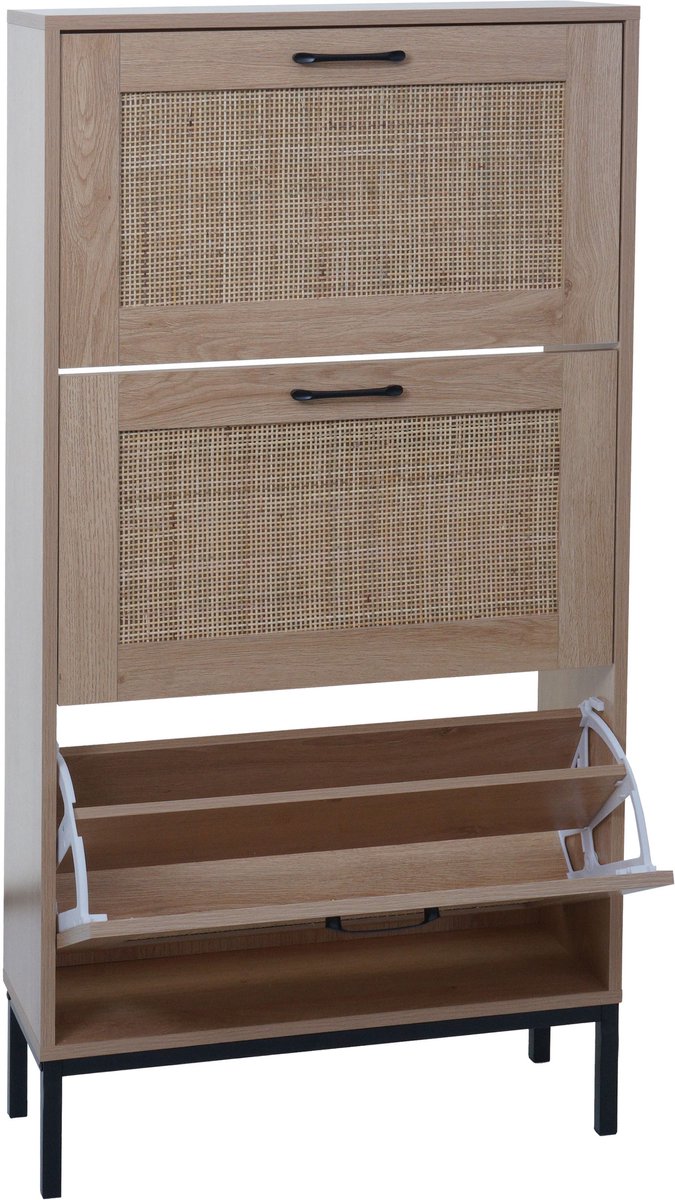Schoenenkast MCW-N92, schoenenkieper schoenenrek, 3 vakken rotan front melamine, 126x63x24cm ~ eiken look (4057651711096)