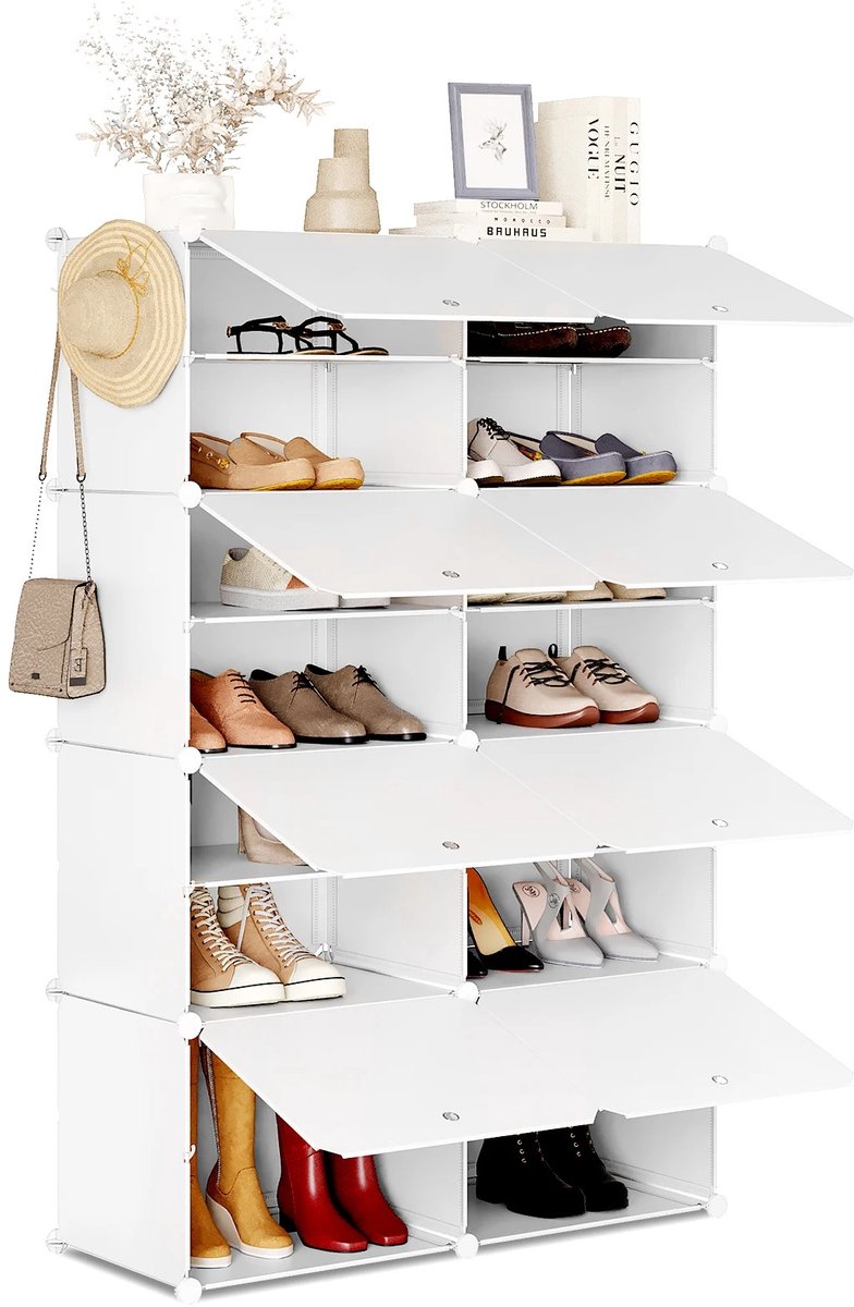 Schoenenkast - Schoenen Organizer - Met Deuren - 8 Vakken - Zelf Indelen - Wit (8721335182279)