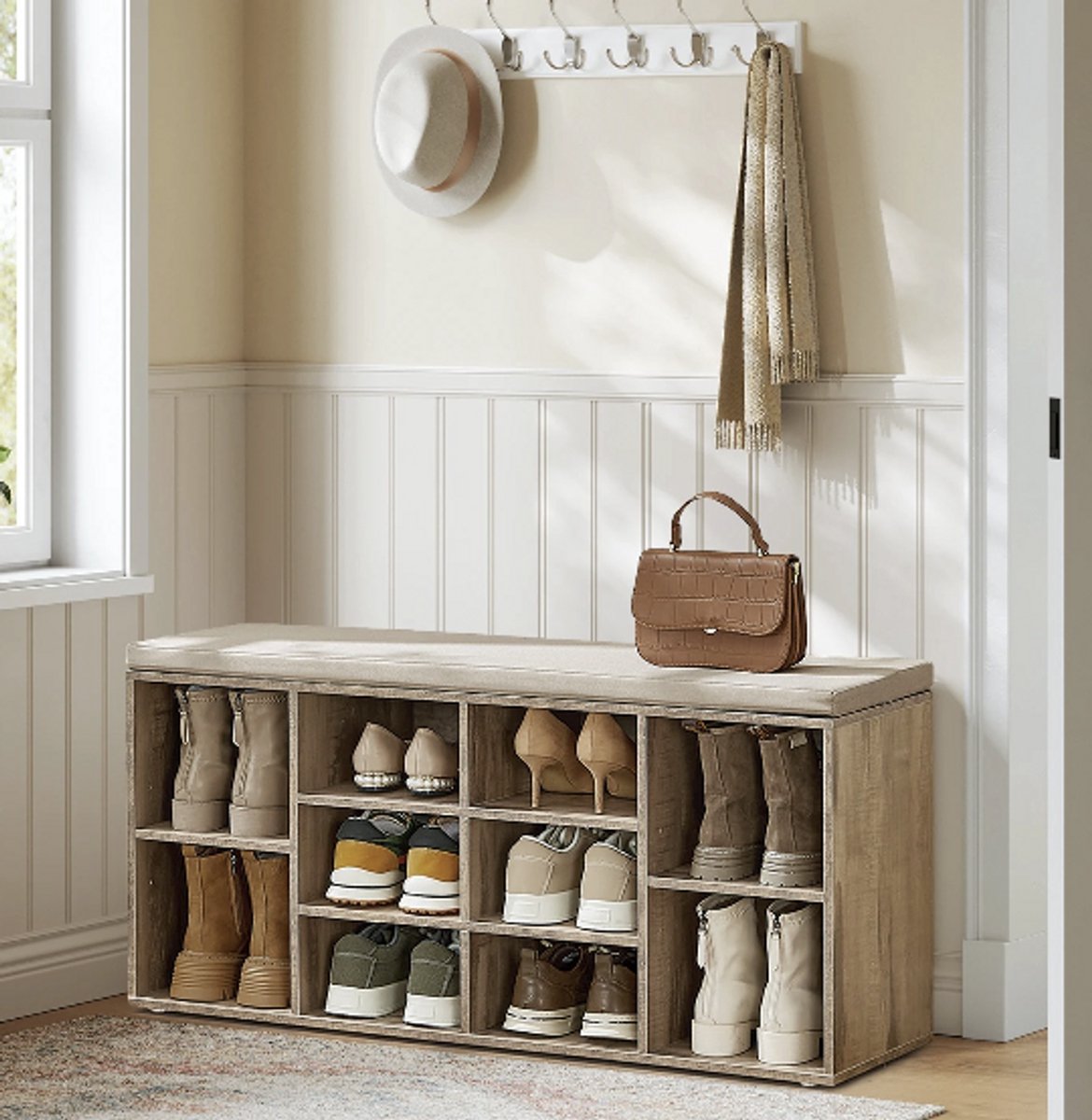 Schoenenkast - Schoenenbankje - Schoenen Opbergkast - 10 Paar Schoenen - Met Kussen - Lichtbruin - 30x104x48 cm (8721335182767)