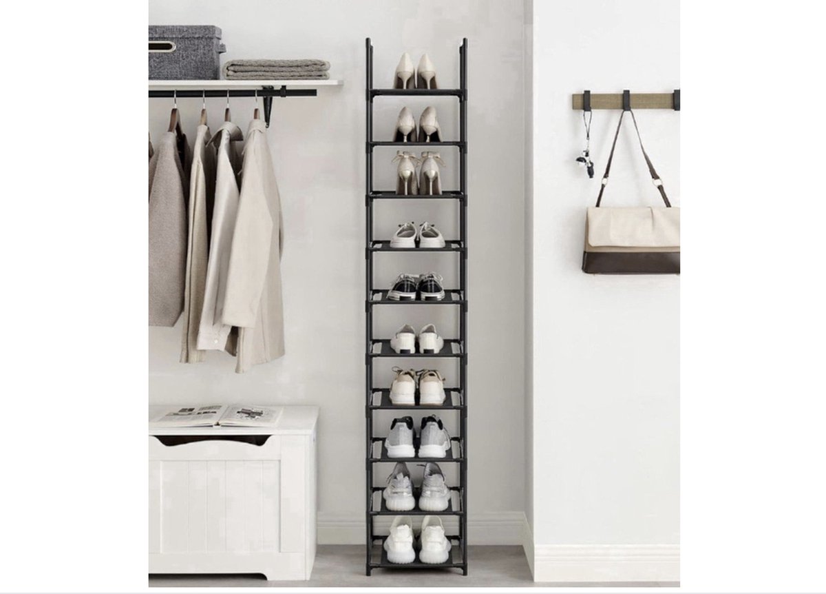 Schoenenrek - Opbergen van Schoenen - Schoenenbank 10 niveaus - Open Schoenenkast - Opbergkast van Schoenen Industrieel - Smal en Hoog - 33 x 33 x 173 cm - Metalen Frame Zwart (4805388834621)